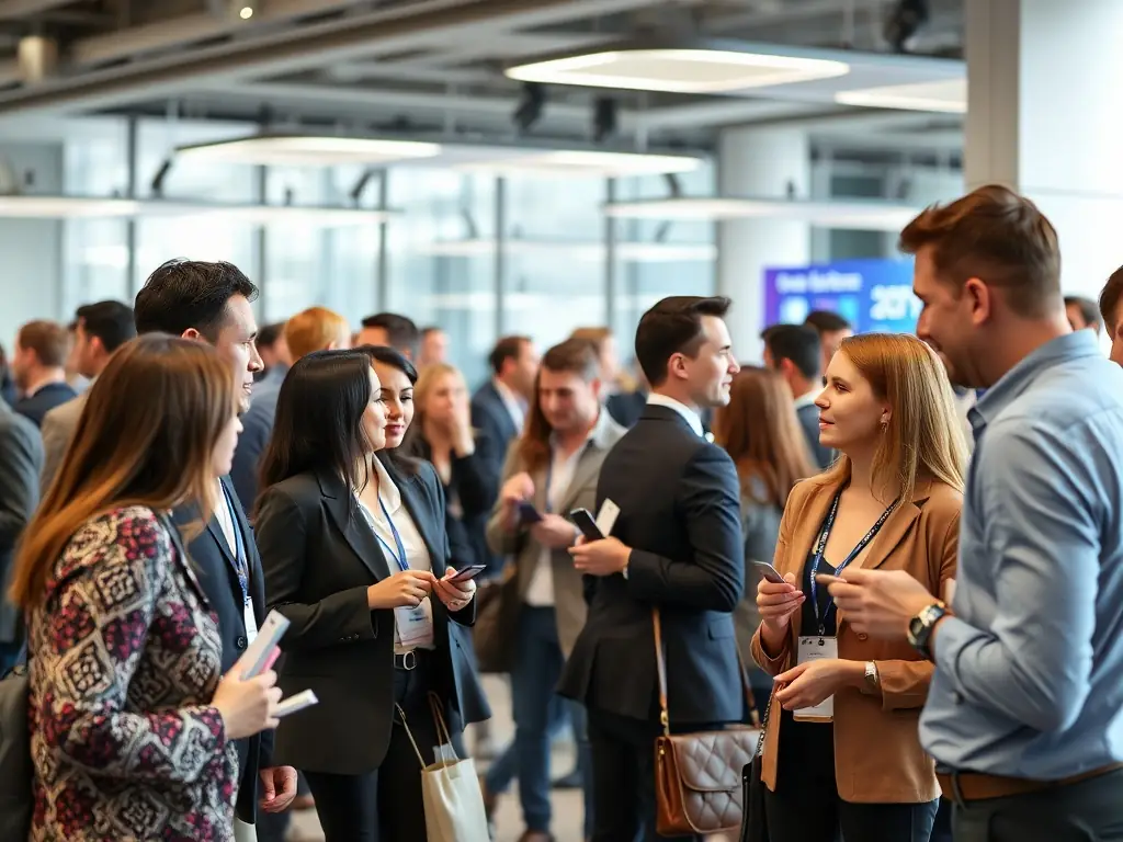 A vibrant image of attendees networking at a content marketing conference in Mumbai, India, showcasing diverse professionals engaged in conversation with conference booths and branding in the background.