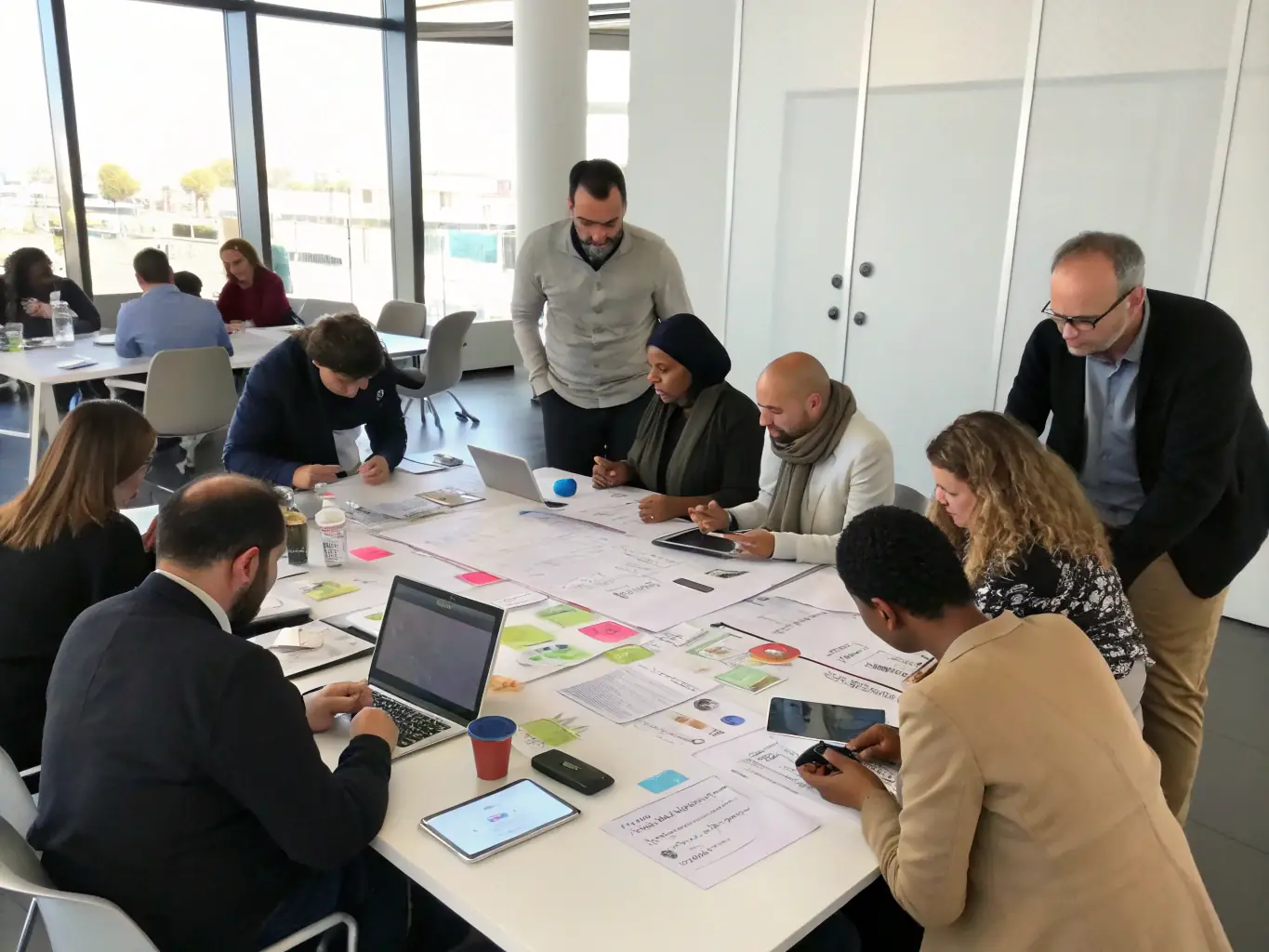A dynamic image of a workshop session in Delhi, India, with participants actively engaged in a hands-on activity related to digital publishing, led by an experienced instructor.
